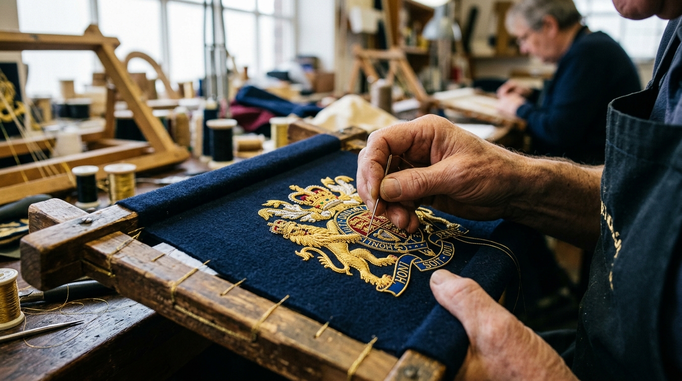 Master artisan hand-embroidering a royal bullion wire crest badge