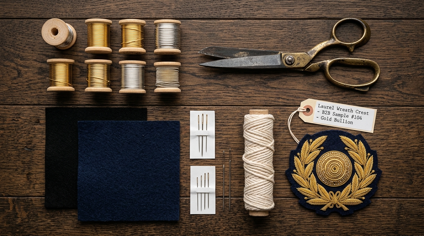 Raw materials of bullion embroidery: spools of gold wire, tailor shears, wool felt, and laurel wreath crest sample