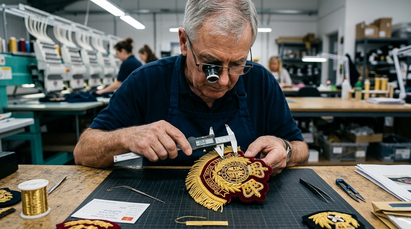 Quality assurance inspection of ceremonial bullion badge with precision caliper